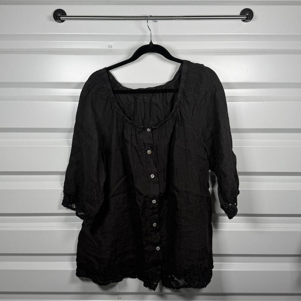 Saks Fifth Avenue Blouse Women XL Black Linen Lace Trim